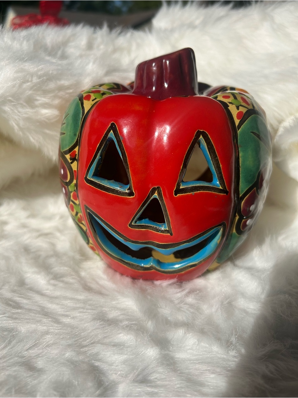 Talavera Ceramic Pumpkin Jack-O-Lantern Figurine Medium Hand Painted Mexico